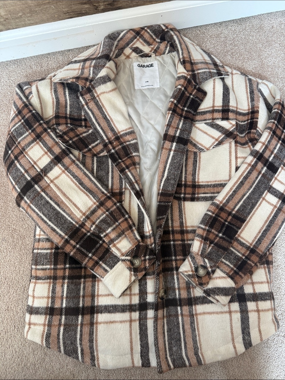 Garage Women's Plaid Pea Coat in Cream, Brown & Black
